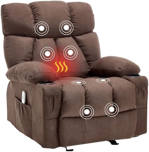 Massage Rocker Recliner Chair with Heat and Vibration Ergonomic Rocking Lounge Chair for Living Room Comfy Overstuffed Recliner with 4 Side Pockets,2 Cup Holders, USB Charge Port, Brown