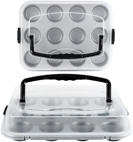 2-Pack Muffin Pan with Carry Lid, Non-Stick 12-Cup Muffin Tin, Silver Cupcake Pan with Lid and Handle for Transporting, Suitable for Party, Holiday, Gathering etc
