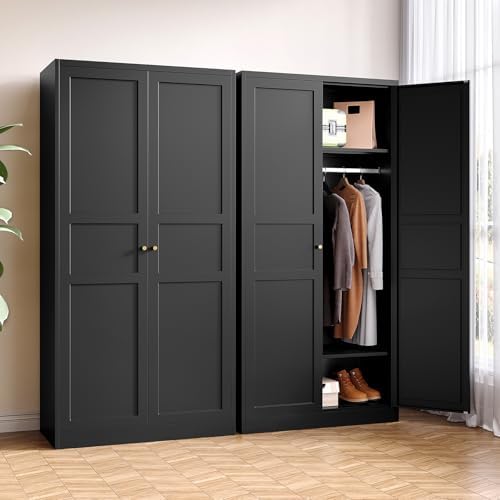 Metal Armoire Wardrobe Closet with 2 Doors 72'' Wardrobe Cabinet with Hanging Rail Metal Closet with Adjustable Shelves for Bedroom Require Assembly (Black, 72inch)