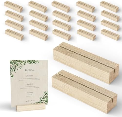 20 pcs Oak Wood Place Card Holder - Wooden Acrylic Sign Holder Table Decor - Picture Display Stands, Centerpieces Table Number Signs for Shop Cafe Holiday Decoration Wedding Party Events