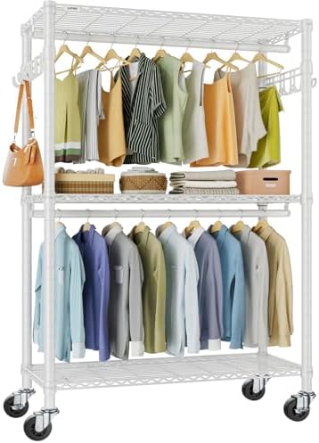 VIPEK R2 Plus Rolling Garment Rack 3 Tiers Adjustable Wire Shelving Clothes Racks with Wheels, Freestanding Wardrobe Storage Rack Heavy Duty Metal Clothing Racks for Hanging Clothes, White