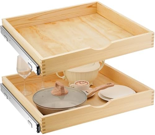 Menkxi 2 Set Pull out Tray Cabinet Organizer Wooden Pull Drawers storage Slide out Pantry Shelf for Base Cabinet Kitchen Gentle Close Fully Assembled Accessories(Wood Color,24'' X 21'' X 3'')