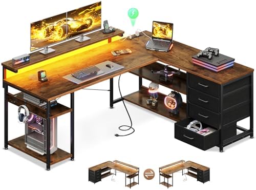 AODK 53" L Shaped Desk with Drawer, Computer Desk with Power Outlets & LED Lights, Reversible Corner Gaming Desk for Home Office Workstation, Office Desk with Monitor Shelf, Vintage