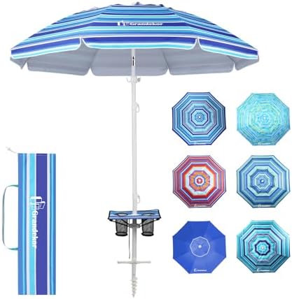 Grandekor 7FT Beach Umbrellas for Sand Heavy Duty Wind Portable Beach Umbrella with Table Travel Beach Umbrella with Carry Bag Sun Umbrella Beach, UV 50+