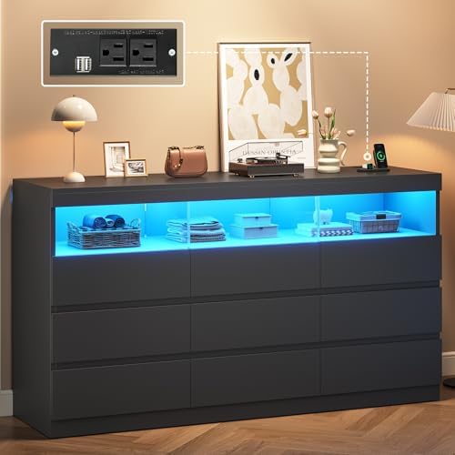 BTHFST 9 Drawer Dresser Chest of Drawers with RGB Lights, Power Outlet & Open Shelves, 56.7" W Wood Bedroom Dresser, No-Handle for Living Room Entryway, Black