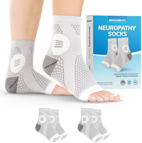 BraceAbility Neuropathy Socks (2 Pairs) - Multipack Peripheral Compression Diabetic Toeless Foot Sleeves for Nerve Damage in Feet, Ankle Gout, Plantar Fasciitis Relief for Men and Women (L - Gray)