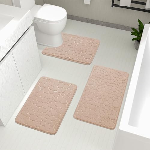 YIHOUSE Bathroom Rugs Sets 3 Piece, Cobblestone Memory Foam Bathroom Mats Set Extra Thick, Non Slip Bath Mats for Bathroom, Water Absorbent, Washable Khaki Bath Rugs for Tub, Toilet and Floor