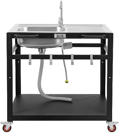 35” Outdoor Grill Cart with Sink, Outdoor Kitchen Sink Station with Hose Hook Up, Free Standing Sink with Wheels, 304 Stainless Steel Sink with Single Bowl, Outdoor Utility Sink with Faucet