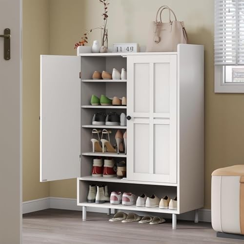 Shoe Storage Cabinet with Cross Molding Doors, 6-Tier Farmhouse Shoe Cabinet with 3 Adjustable Shelves and Metal Legs, 45'' Tall Shoes Rack Organizer Cabinet for Entryway, Front Door, White