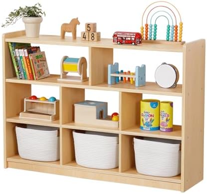 OOOK Montessori Toy Shelf and Storage, 31.5" H, 3-Tier Toy Storage Organizer with 8 Cubby, Montessori Shelves for Playroom, Nursery, Daycare, Preschool, Classroom Furniture