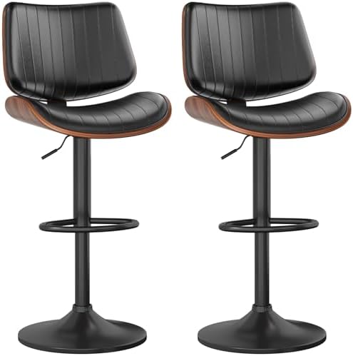 Bar Stools Set of 2, Bar Stools for Kitchen Island with Bentwood Back and Leather Seat, Swivel Barstools for Kitchen Counter, Bar, Black