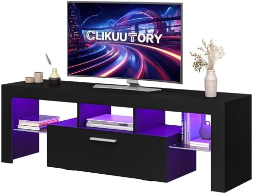 Clikuutory Modern Lighting 51 inch TV Stand with Large Storage Drawer for 32 40 50 55 Inch TVs, TV Console with 20 Color LED Lights, Entertainment Center Media and Open Shelf for Bedroom, Black
