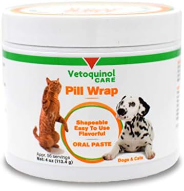 Vetoquinol Pill Wrap Treats for Dogs & Cats – 4oz, 56 servings – Hides Any Size, Shaped Pill – Moist, Flavorful & Shapeable Pill Pocket Paste – Easy-to-Swallow Masking Pill Pouch for Training & Treats