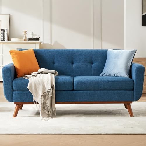Kingfun 65.2" W Loveseat Sofa, Mid Century Modern Decor Love Seat Couches for Living Room, Button Tufted Upholstered Furniture, Solid & Easy to Install Small Couch for Bedroom Office Apartment, Blue