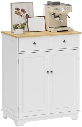 HOMCOM Sideboard with Solid Wood Countertop, Modern Kitchen Storage Cabinet, Coffee Bar Cabinet with 2 Drawers, Doors and Adjustable Shelf, White