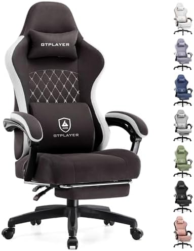 GTPLAYER Gaming Chair with Footrest Fabric Office Chair with Pocket Spring Cushion and Linkage Armrests, High Back Ergonomic Computer Chair with Lumbar Support Task Chair Brown