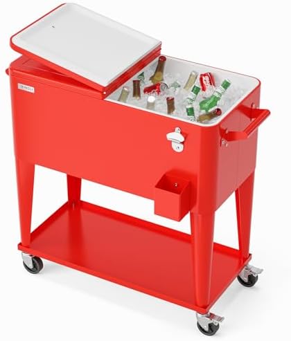 VINGLI 80 Quart Rolling Ice Chest, Portable Patio Party Bar Drink Cooler Cart, with Shelf, Beverage Pool with Bottle Opener