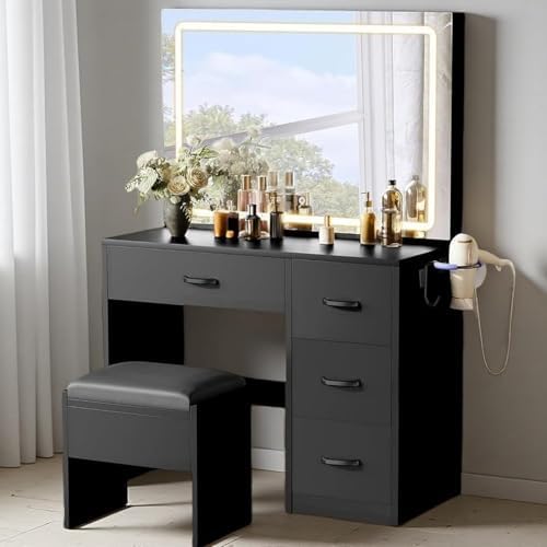 DWVO Makeup Vanity with Large LED Lighted Mirror, Vanity Desk with 4 Drawers & Power Outlet, Dressing Table with 3 Lighting Colors, Dressing Table with Cushioned Stool, Black