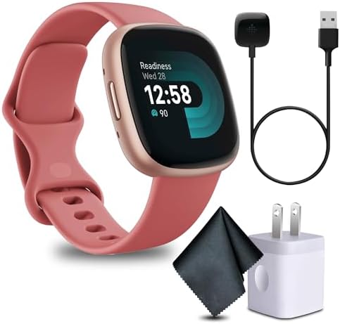 Fitbit Versa 4 Fitness Smartwatch with Daily Readiness, GPS, 24/7 Heart Rate, 40+ Exercise Modes, Fit Bit Smart Watch for Men and Women, Pink Sand/Copper Rose Bundle with Cleaning Cloth and Charger
