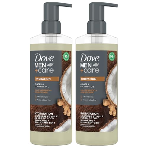 Dove Men+Care Shampoo and Conditioner 2-in-1, 2-Pack – Hydration Formula with Biotin & Mineral Complex, Ginger & Coconut Oil, 17.5 Oz Ea