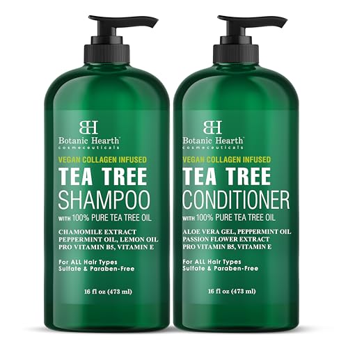 Botanic Hearth Vegan Collagen Infused Tea Tree Shampoo and Conditioner Set, 16 fl oz each - Sulfate Free, Paraben Free - For Itchy and Dry Scalp - Men and Women