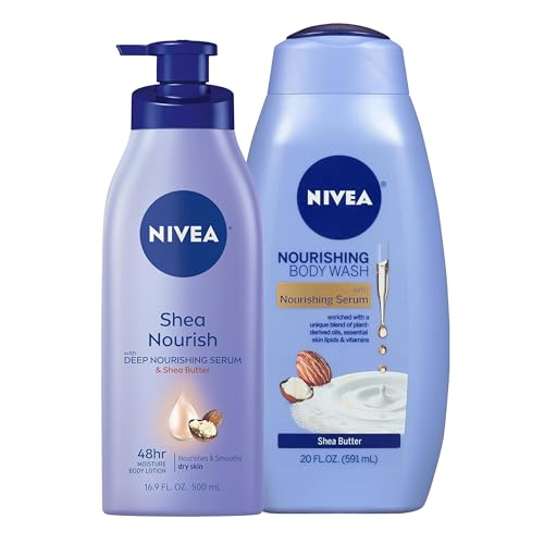 NIVEA Skin Care Set, Shea Nourish Body Lotion, Moisturizing Lotion for Dry Skin, 16.9 Fl Oz Bottle + Shea Butter Nourishing Body Wash, Moisturizing Body Wash for Dry Skin, 20 Fl Oz Bottle