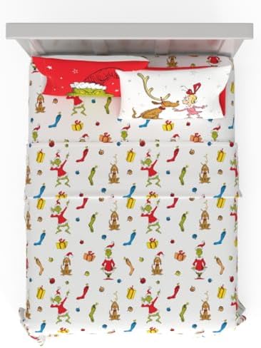 Franco Collectibles Dr. Seuss The Grinch Holiday & Christmas Bedding Super Soft Microfiber 4 Piece Queen Sheet Set, (Officially Licensed Product)
