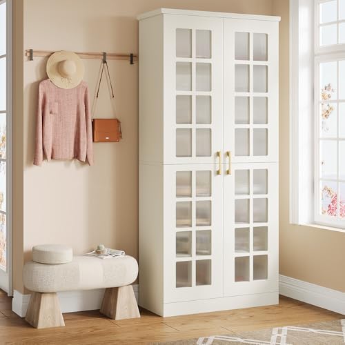 Tribesigns 71-Inch Tall Shoe Cabinet with Doors, 8-Tier Shoe Storage with Adjustable Shelves, Modern Shoe Organizer Shoe Rack Cabinet for Entryway, Hallway, Closet, Living Room, White and Gold