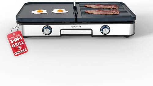 Gourmia 3-in-1 Indoor Grill/Griddle Electric Combo - 250-400°F Adjustable Dual Cooking Zones with Removable Nonstick Reversible Ceramic Plates - Non Toxic Dishwasher Safe Countertop Kitchen Appliances