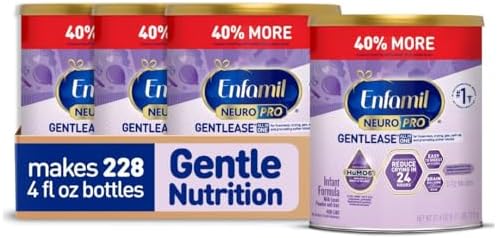 Enfamil NeuroPro Gentlease Baby Formula, Infant Formula Nutrition, Brain Support that has DHA, HuMO6 Immune Blend, Designed to Reduce Fussiness, Crying, Gas & Spit-up in 24 Hrs, has Prebiotics to Promote Softer Stools, 27.4 Oz, 4 Cans