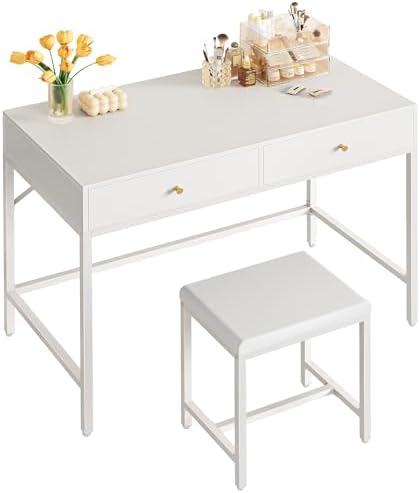 SUPERJARE 35.4" White Desk with 2 Drawers, Modern Makeup Vanity with Padded Stool, Small Computer Desk Home Office Desk for Writing Study Bedroom