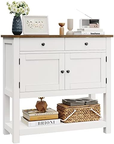 HOSTACK Farmhouse Console Table with 2-Door Cabinet & 2 Drawers, Coffee Bar, Entryway Table with Storage Shelf, Sofa Tables Buffet Sideboard for Kitchen, Hallway, Dining, Living Room, White
