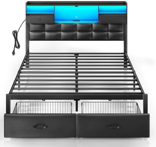 Rolanstar Bed Frame Full Size with Drawers and Charging Station, Upholstered Platform Bed with Storage Headboard and LED Light, Heavy Duty Metal Frame Support, No Box Spring Needed, Noise Free, Black