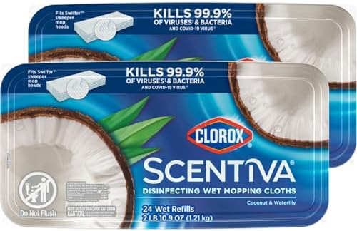 Clorox Scentiva Disinfecting Wet Mop Pad, Disposable Mop Heads, Coconut and Waterlily, 2 Packs, 24 Wet Refills Per Pack (Package May Vary)