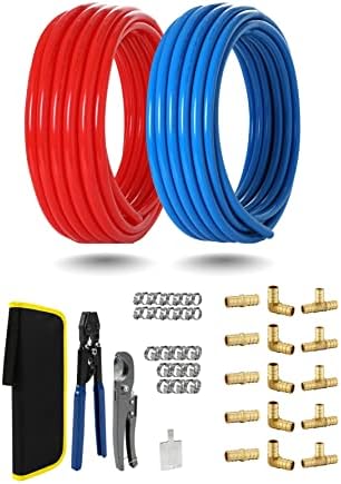 EFIELD Pex-b Pipe/Tubing 3/4 inch 2 x100 ft (200 ft) Blue & Red, Pex Fittings (15), Crimper, Clamps, and Cutter Combo Kit
