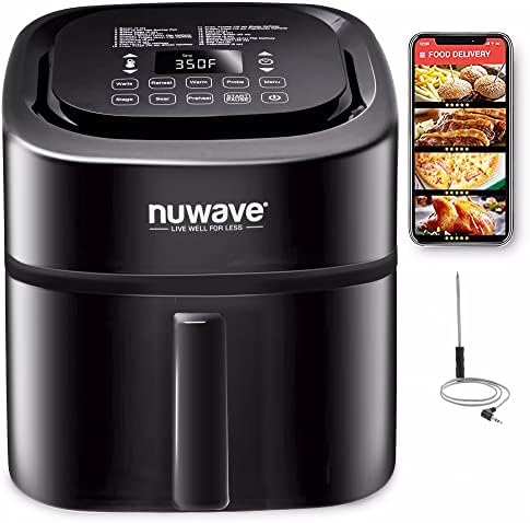 Nuwave Brio 8-Qt Air Fryer, Powerful 1800W, Easy-to-Read Cool White Display, 50°-400°F Temp Controls, 100 Pre-Programmed Presets & 50 Memory Slots, Integrated Smart Thermometer, Linear T Technology