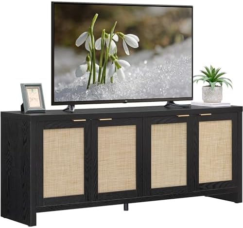 SICOTAS TV Stand for Living Room Boho Entertainment Center for Bedroom with 4 Rattan Cabinets Farmhouse Television Stands with Storage Large Media Console Table for TVs up to 45 50 55 60 65 Inch