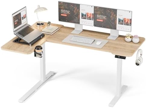 59 Inch L Shaped Standing Desk Adjustable Height, Electric Corner Standing Desk, Sit Stand Computer Table with Reversiable Splice Board,Light Rustic Brown