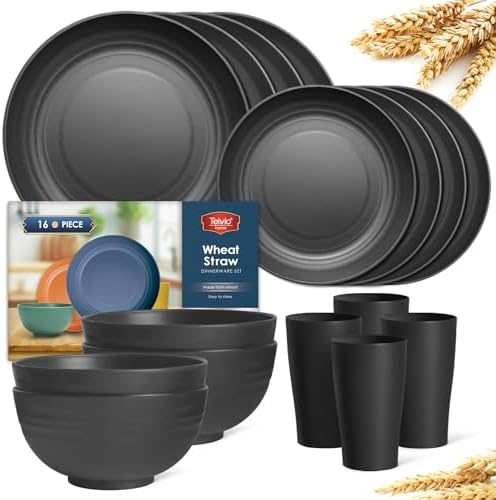 Teivio 16-Piece Kitchen Plastic Wheat Straw Dinnerware Set, Service for 4, Dinner Plates, Dessert Plate, Cereal Bowls, Cups, Unbreakable Plastic Outdoor Camping Dishes, Black