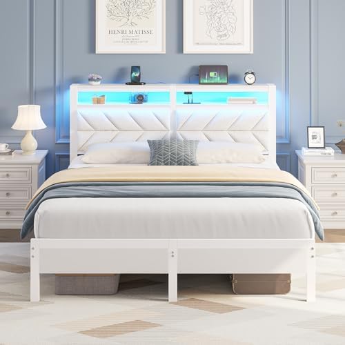 Seventable Bed Frame Full Size with Charging Station, LED Bed with Upholstered Storage Headboard, Metal Platform Bed with Under Bed Storage, No Box Spring Needed, Noise Free, Easy Assembly, White