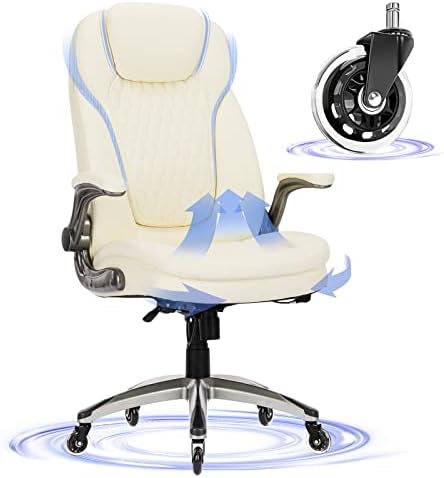 Executive Office Chair-Ergonomic Computer Desk Chair with Upgraded Caster for Swivel, High Back Office Chair with Padded Flip-up Arms, Stylish Leather Chair Thicken Seat for Comfort (Ivory, 300lbs)
