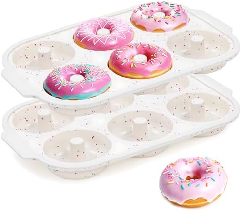 Donut Pan for Baking Silicone Donut Molds 6 Cavity Nonstick Doughnut Tray 3.25 Inch Large Bagel Molds with Metal Reinforced Frame Set of 2(Cream)