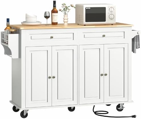 55" Movable Kitchen Island with Drop Leaf and Power Outlet, Rolling Island Cart w/Storage Cabinet, Island Table on Wheels for Kitchen w/2 Drawers, Spice Rack, Towel Bar, Garage Hook, White
