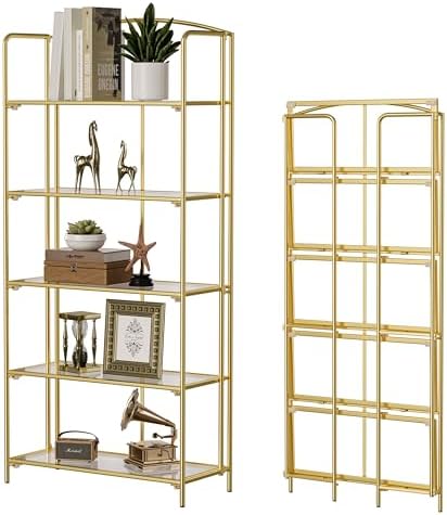 Crofy No Assembly Folding Bookshelf for Living Room, 5 Tier Gold Collapsible Book Shelf for Home Office, Portable Bookcase Storage Organizer