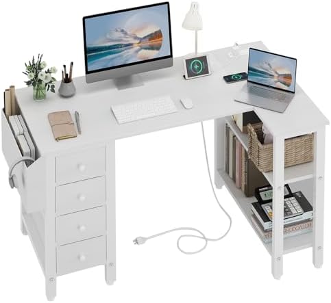 Lufeiya White L Shaped Computer Desk with Drawers & Storage Shelves, 47 Inch Corner Reversible Desk with Power Outlet for Home Office Bedroom, L-Shaped Teen PC Desks with Fabric Drawer, White