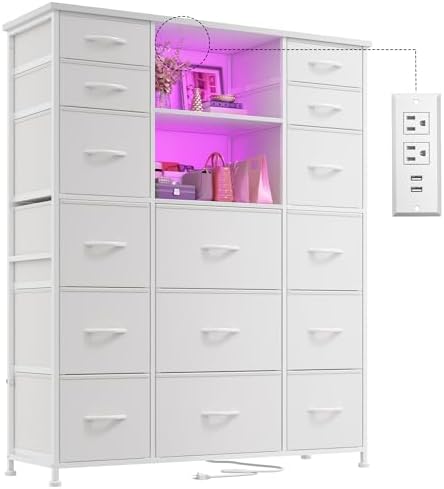 EnHomee 51" H White Dresser with 15 Drawers Dresser for Bedroom with Charging Station & LED Lights & Hutch Sturdy Bedroom Dressers, Steel Frame, Wood Top, 51.2" H x 39.3" W x 11.8" D