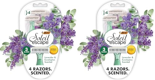 BIC Soleil Escape Scented Women's Disposable Razors, 3 Blades, Comfortable Shave, Lavender & Eucalyptus Scented Handle Shaving Razors for Women, 4 Count (Pack of 2)