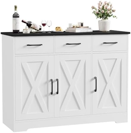 HOSTACK Modern Farmhouse Buffet Sideboard Cabinet, Barn Doors Storage Cabinet with Drawers and Shelves, Wood Coffee Bar with Storage for Dining Room, Kitchen, Living Room, White/Black
