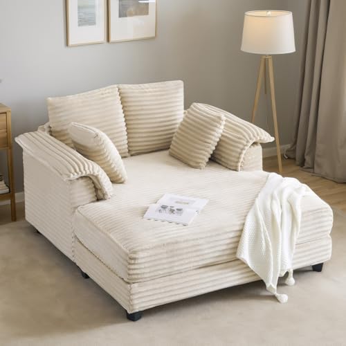 VINGLI 56" Oversized Chaise Lounge Chair, Beige Comfy Corduroy Chaise Sofa Recliner Bed Upholstered Sleeper Couch Bed with Throw Pillows and Armrests for Living Room, Movie Room, Bedroom