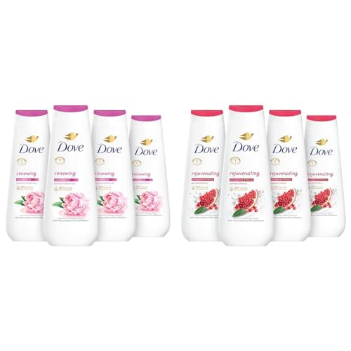 Dove Body Wash Renewing Peony and Rose Oil 4 Count for Renewed & Body Wash Rejuvenating Pomegranate & Hibiscus 4 Count for Renewed